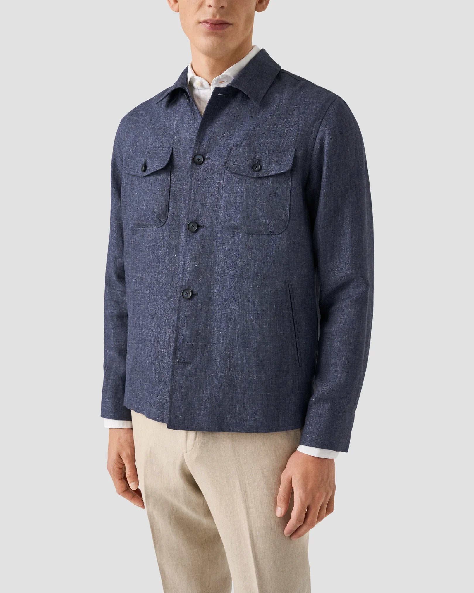 Navy Blue Four-Pocket Linen Overshirt